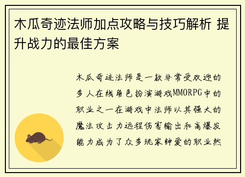 木瓜奇迹法师加点攻略与技巧解析 提升战力的最佳方案